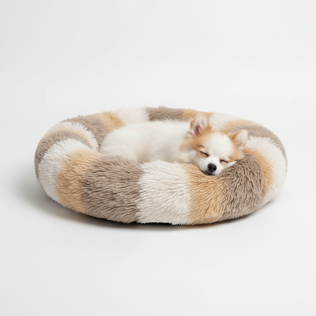 Anti-Anxiety Calming Dog Bed - soft plush round bed with raised edges and a peaceful dog sleeping inside